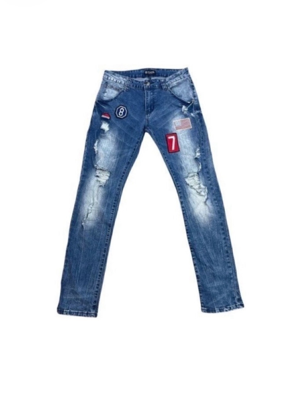 Black Premium Skinny Flex Blue trendy Jeans Distressed Patches Sz 28 /28 Hemmed
